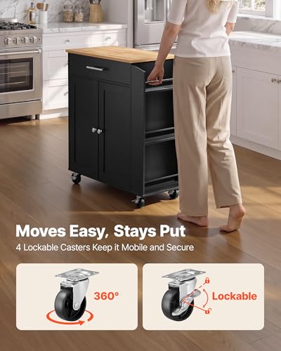 VEVOR Black Kitchen Island Cart with Storage, 31.3" Wide Mobile Rolling Trolley with Drawer & Spice Rack