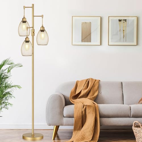 Dimmable Industrial Floor Lamp - Gold Tree Standing Lamp with Teardrop Cage Heads, 70-Inch Tall, 800 Lumens LED Bulbs Included - Variation: Gold
