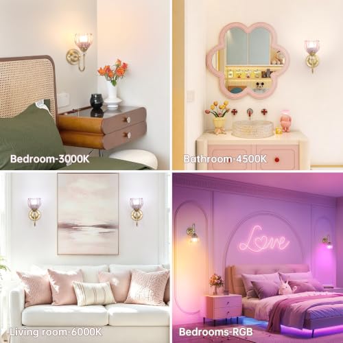 Set of 2 Pink Tulip Battery Operated Wall Sconces with Remote, Dimmable & Rechargeable 5000mAh Lights for Bedroom & Living Room