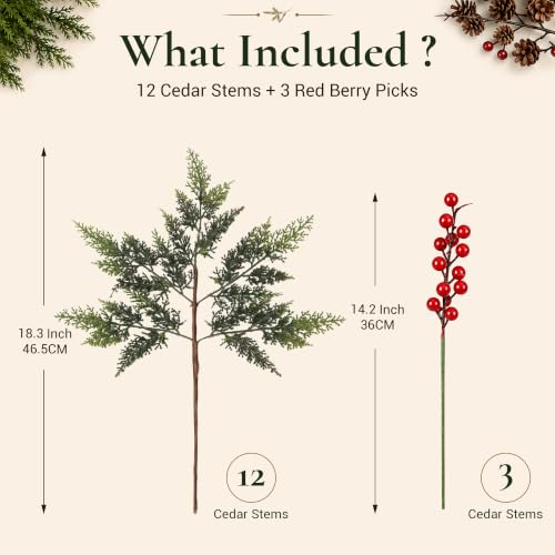 LAOWUJA 12 Pcs Artificial Cedar Branches 17.5" with 3 Red Berry Picks - Holiday Faux Greenery for Christmas Decor