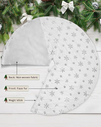 COOLWUFAN 24-Inch Silver Faux Fur Christmas Tree Skirt with Sequin Snowflakes