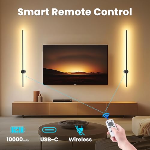 NIORSUN Black 35.4 Inch Rechargeable LED Wall Sconce Set of 2 with Remote - Dimmable Wireless Modern Lighting for Living Room & Bedroom