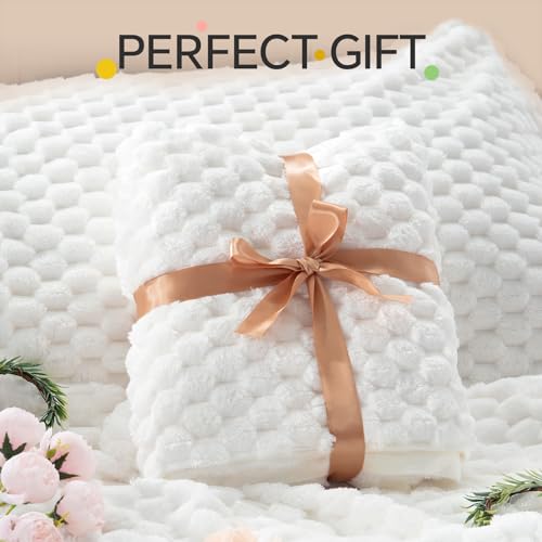 Queen Fluffy Comforter Set - Bright White Fleece Bedding 3 Pieces