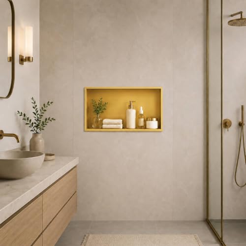 Stainless Steel Shower Niche Insert 24x12 Brushed Gold - Waterproof, No Tile Needed