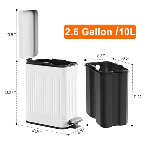 Small Bathroom Trash Can with Soft Close Lid 2.6 Gal Stainless Steel White