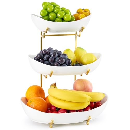 Gold 3-Tier Ceramic Fruit Basket for Kitchen Counter - Large
