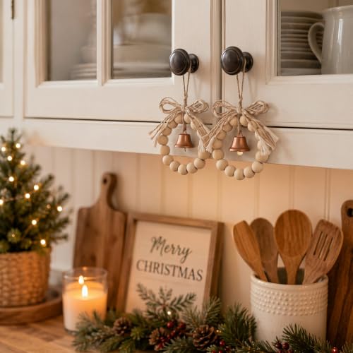 Hollowfly 6-Pack Boho Wood Bead Christmas Wreath Ornaments with Bell