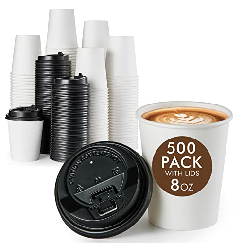 Vplus 8 OZ White Disposable Coffee Cups with Lids - Pack of 500
