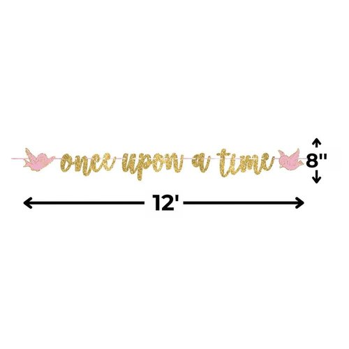 Gold Glitter "Once Upon A Time" Script Letter Banner - 12' x 8" (1 Set) | Elegant Hanging Decor for Birthdays, Baby Shower, and Princess Themed Parties