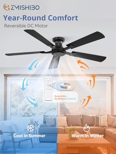 Black 52 Inch Ceiling Fan No Light Flush Mount Low Profile - Whisper-Quiet DC Motor