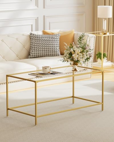 Homleke Gold Glass Coffee Table - Modern Rectangular Living Room Accent, 39.4 x 19.7 x 17.7 Inches