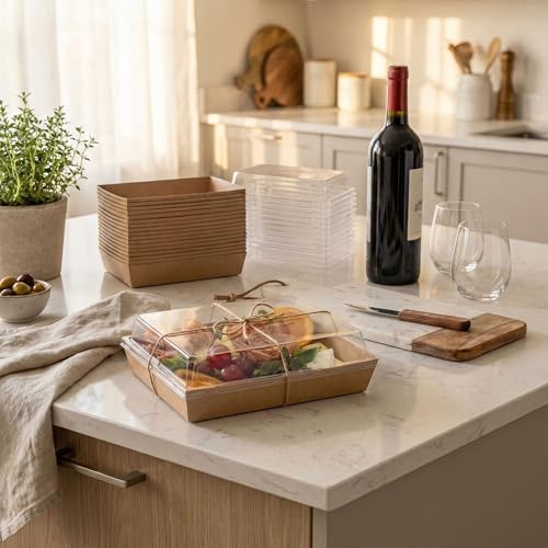 50 Pack Charcuterie Board Boxes with Clear Lids - Brown, 7x5in