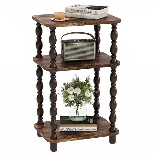 Retro End Table with 3 Tiers - Rustic Brown Narrow Side Table for Small Spaces - Farmhouse & Modern Accent Nightstand - Fxacyem Variation of Standard