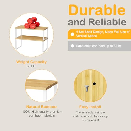 Large Kitchen Counter Shelf Organizer Set of 4 - 15.7 Inch Wood Storage Shelves, Expandable & Stackable, White & Natural Beige Variation