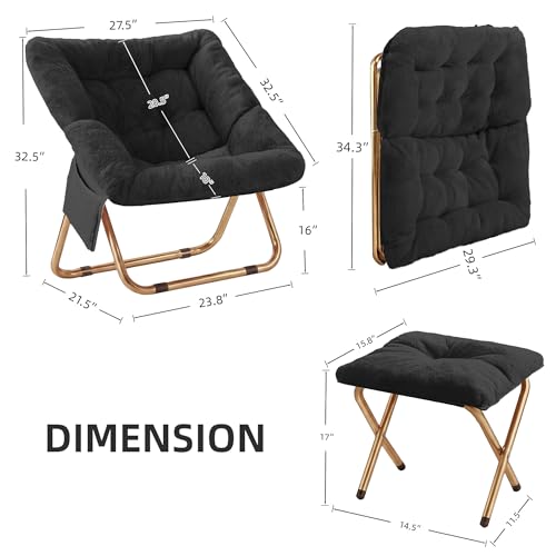 Kasunpul Black Foldable Faux Fur Lounge Chair - Oversized Comfy Seat for Bedroom & Living Room