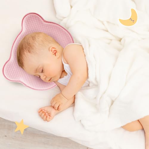 Pink Baby Pillow with Memory Foam & Bear Design - Breathable & Supportive for Infants (Pink)