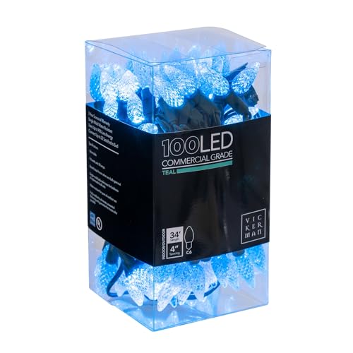Vickerman Teal C6 LED Christmas Light Set, 34 ft, 100 Lights on Green Wire