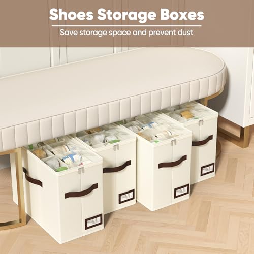 OIAHOMY 4 Pack Beige Foldable Shoe Organizer with Adjustable Dividers, Stackable Shoe Storage Bins for Closet, Fits Up to 32 Pairs