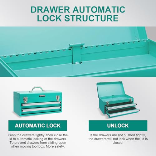 Metal Tool Box with Drawers - Turquoise Storage Organizer, 18.1 x 8.7 x 9.5 in