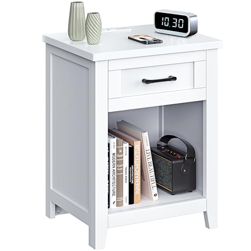 Decofy Farmhouse Nightstand with Charging Station - Pure White, 1 Drawer