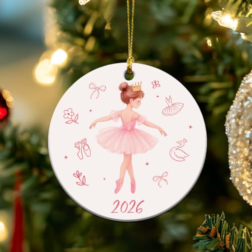 Ballet Dancer Ornament 3in - Pink Dress, Gold Crown, 2025 Edition Christmas Tree Decoration