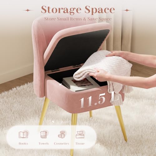 Pink Vanity Chair with Storage & Open Back - Adjustable Gold Metal Legs