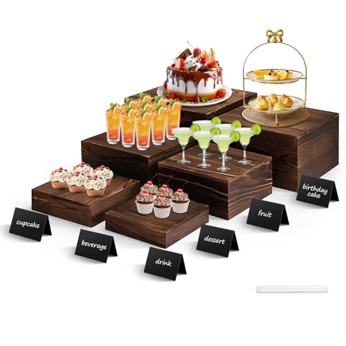 Wood Buffet Risers and Stands Set with Food Signs - Rustic Cake Display