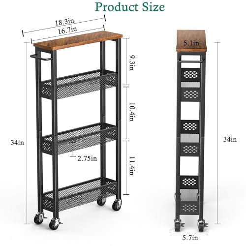 XYZLVSI 16.7"D x 5.0"W x 34"H Slim Rolling Storage Cart 4-Tier Organizer