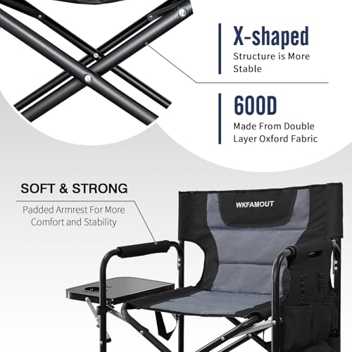 Black Tall Folding Director Chair with Side Table & Footrest - 26.77" Seat Height, Supports 350LBS
