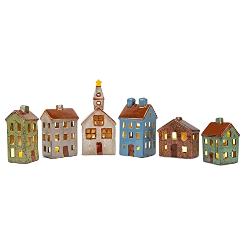 Mark Feldstein LED Village Houses & Church Figurines, 12 Pieces - Ceramic Lighted Decor Set