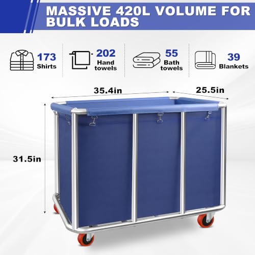 420L Heavy Duty Laundry Cart with Removable Water-Resistant Blue Liner and 440lbs Capacity