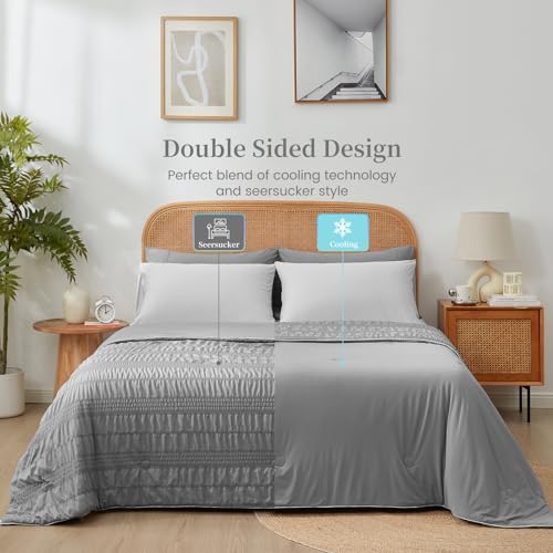 King Size Reversible Cooling Comforter with Seersucker & Silky Sides - Dark Grey
