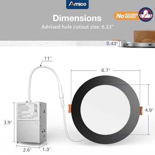 Amico 12 Pack 6-Inch Black Ultra-Thin Dimmable LED Recessed Ceiling Lights, 5CCT