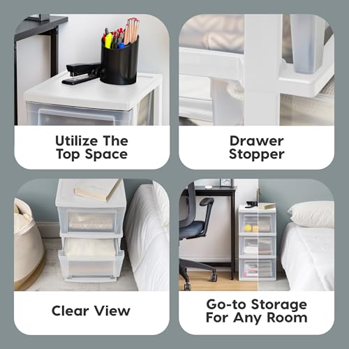 IRIS USA 3-Drawer Slim Storage Organizer 2-Pack - White/Clear, Narrow Design