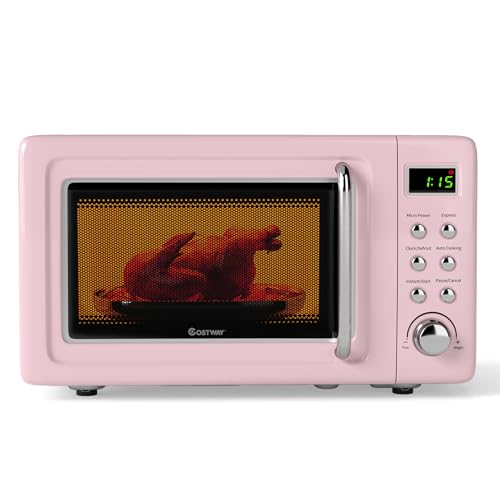 Pink Small Microwave Oven - 0.7 Cu.ft Countertop Retro Compact Kitchen Appliance - COSTWAY