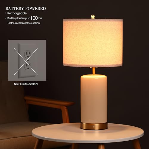 Rechargeable 24-Inch Ceramic Table Lamp with Dimming - Cream White