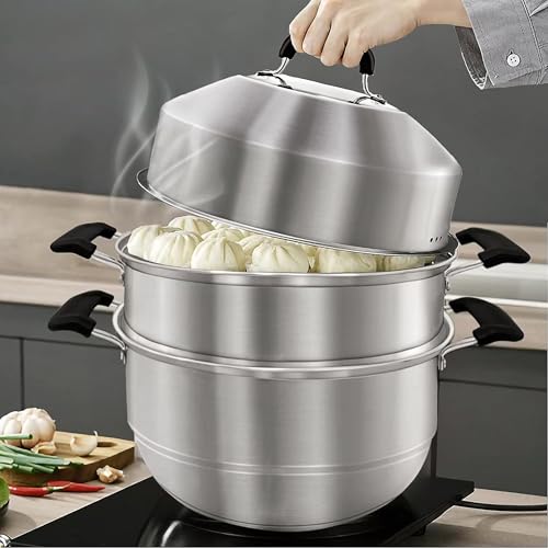 MANO 14.2 Inch Stainless Steel 2-Tier Steamer Pot with Lid for Cooking & Food Prep