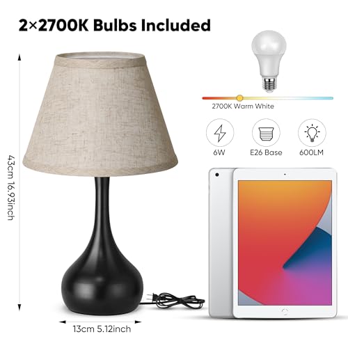 PARTPHONER Black 2-Pack Touch Dimmable Bedside Table Lamps with Linen Shade