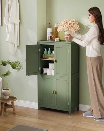 VASAGLE Bathroom Floor Cabinet with 4 Doors - Forest Green, Adjustable Shelves, Safe & Durable