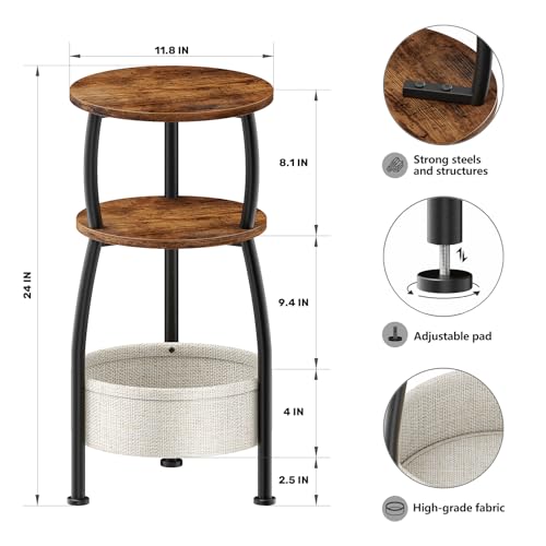 Yuede Rustic Brown 11.81in Round Side Table with Storage Basket - Small Space Organizer