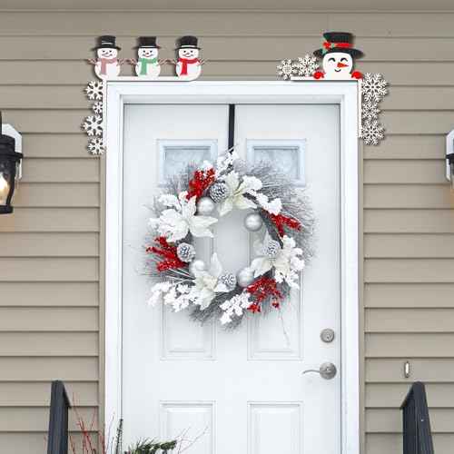 2 Pcs Christmas Door Topper Funny Snowman Snowflake Door Frame Corner Sign Decor Home Wooden Christmas Cabinet Knob Covers Party Ornament Props Gift for Wall Window DIY
