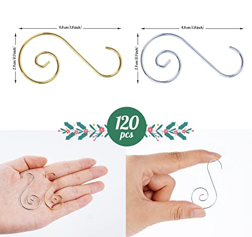 ilauke 120Pcs Ornament Hooks for Christmas Tree – 60 Silver & 60 Gold S-Shaped Hangers with Storage Box