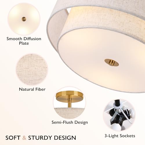 CALOKES 16-inch Gold Double Drum Semi-Flush Ceiling Light with Fabric Shade