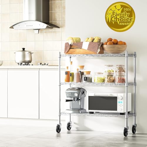 Auslar 3-Tier Heavy Duty Metal Storage Shelves with Casters - Chrome Finish