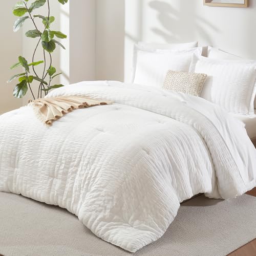 White Oversized King Comforter Set 120x98 in - CozyLux 7-Piece Seersucker Bedding