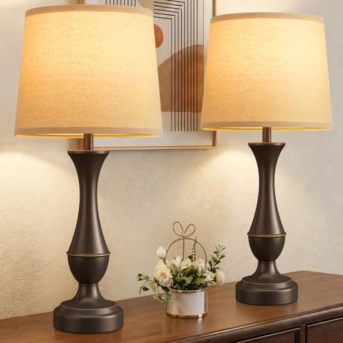 Tall D. Oat Shade & Brown Base Touch Lamps for Nightstand - 3 Way Dimmable with USB-C & USB-A Ports