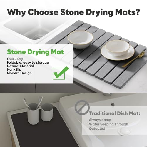 Favorking Light Grey Stone Drying Mat 24x16 Inches - Quick Absorbent, Collapsible Countertop Dish Mat