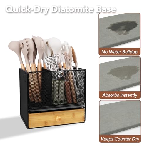 Extra Large Kitchen Utensil Holder with Drawer and Drying Base – Countertop Organizer for Cooking Tools
