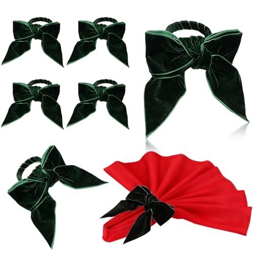 6pcs Green Velvet Bow Napkin Rings,Christmas New Year Table Decor