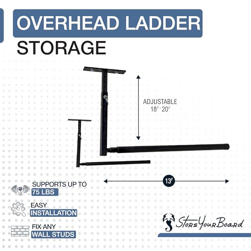 StoreYourBoard Adjustable Ceiling Ladder Rack – Garage Storage for Step & Extension Ladders - Single